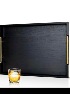 Ourmiao 22” Rectangle Black Ottoman Tray with Gold Metal Handles
